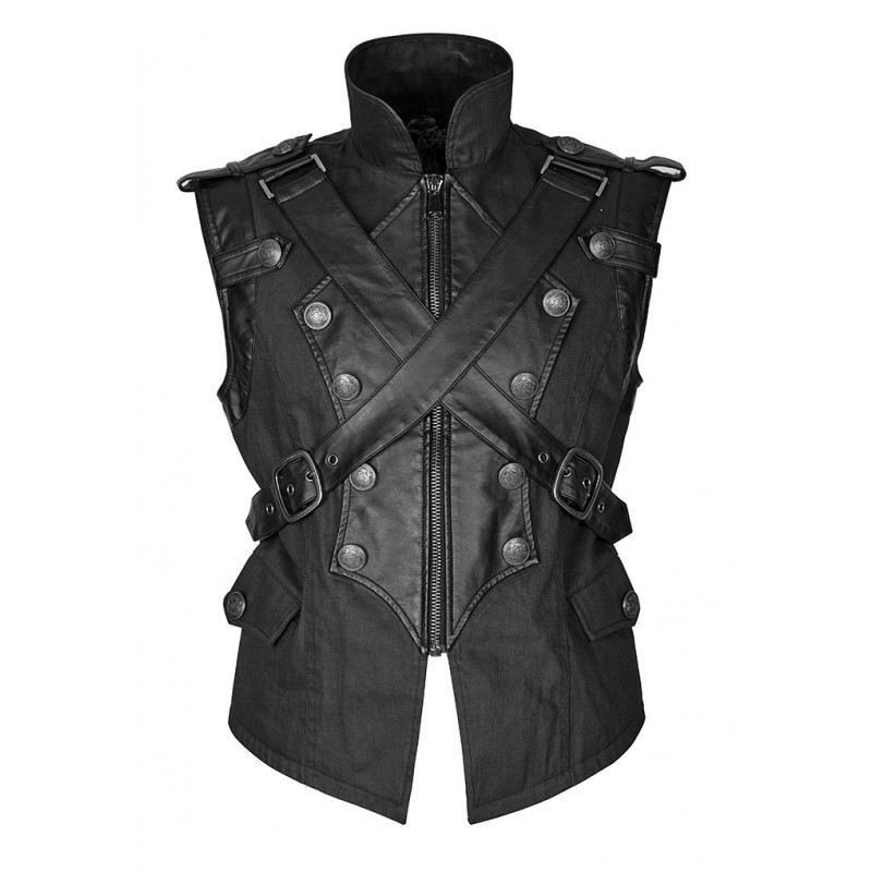 Mens Dieselpunk Military Waistcoat Army Vest Gothic Steampunk Black Leather 